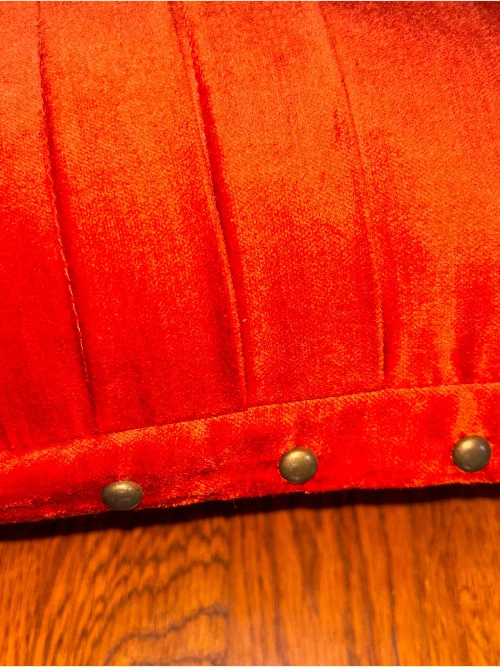 Vintage Pier 1 Orange Velveteen Pleated accent Pillow Brass Studs Duck down fill